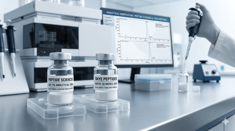 Analytical comparison of Peptide Sciences and Skye Peptides vials in a research laboratory setting showing 99% purity verification