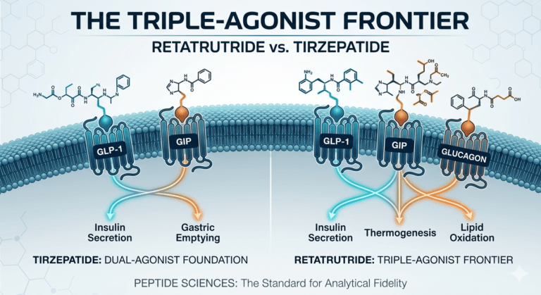 A scientific comparison illustration of Retatrutide (Triple-Agonist GGG) versus Tirzepatide (Dual-Agonist), highlighting the integrated signaling pathways provided by Peptide Sciences for metabolic research