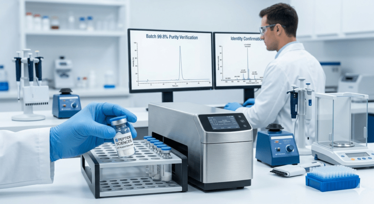 A laboratory researcher verifying a Peptide Sciences vial against an HPLC purity chromatogram to ensure analytical fidelity